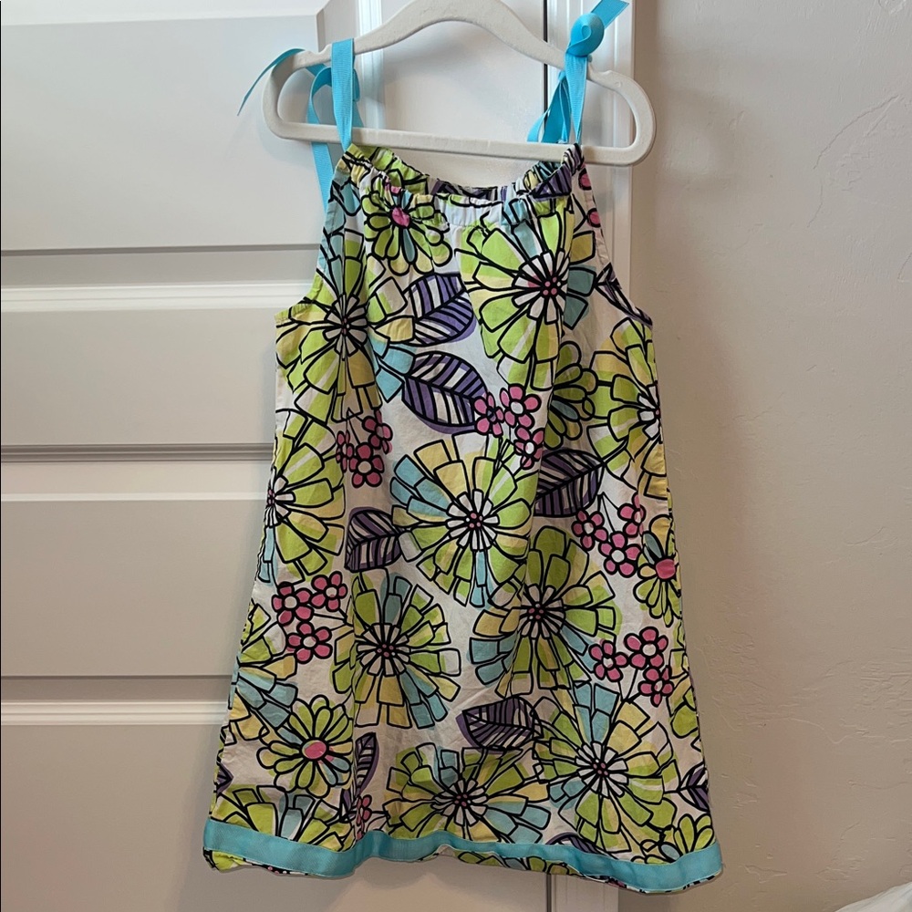 Hanna Anderson Floral Spaghetti Strap Dress with Blue Trim